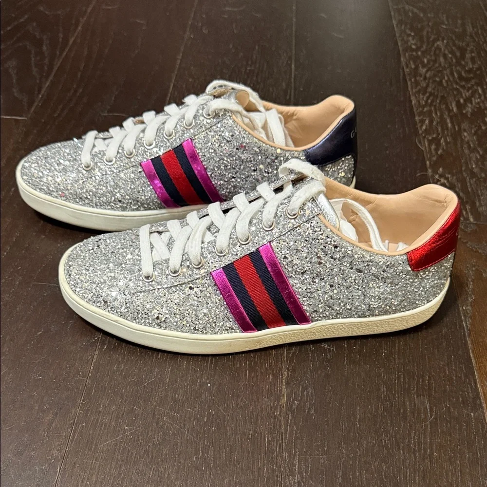 Gucci Silver Glitter Lace-Up Sneakers with Pink & Blue Stripes - Picture 2 of 8